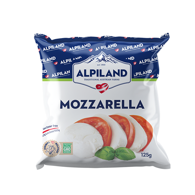 Φρέσκια mozzarella Alpiland σε συσκευασία.